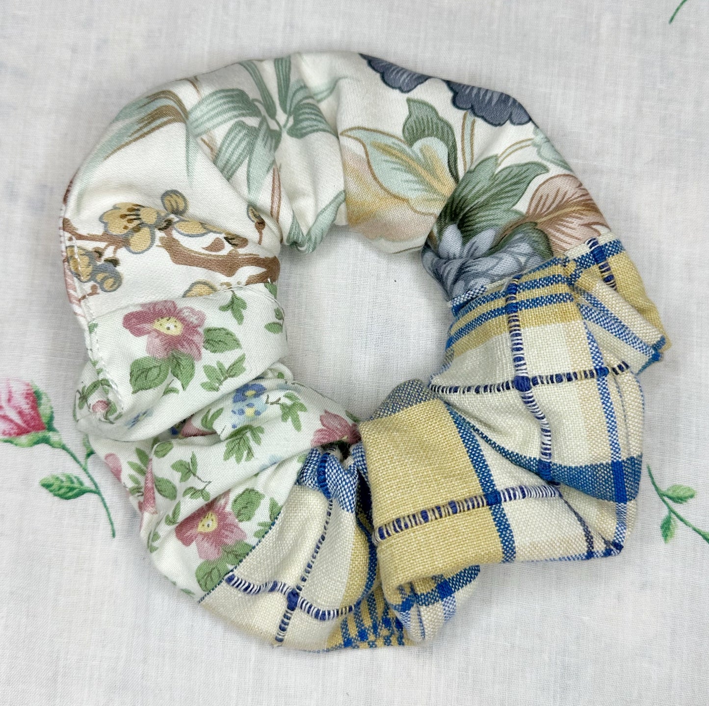 Blue Yellow Check and Floral Scrunchie
