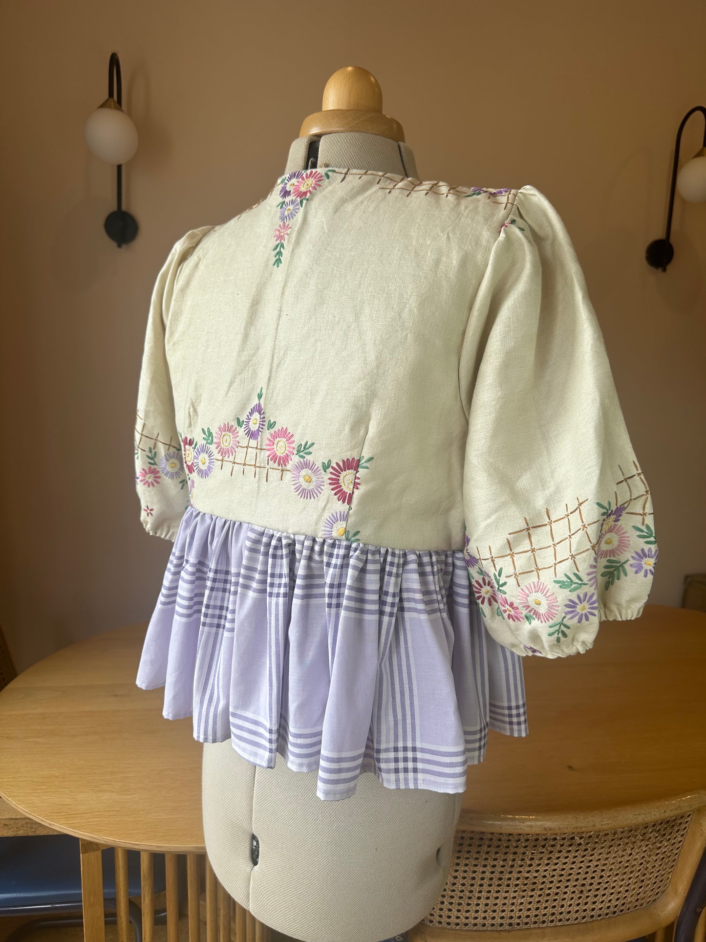 SAMPLE SALE 60% Off - Purple Floral and Check Embroidered Tie Front Top Size 3 (UK 14-16)
