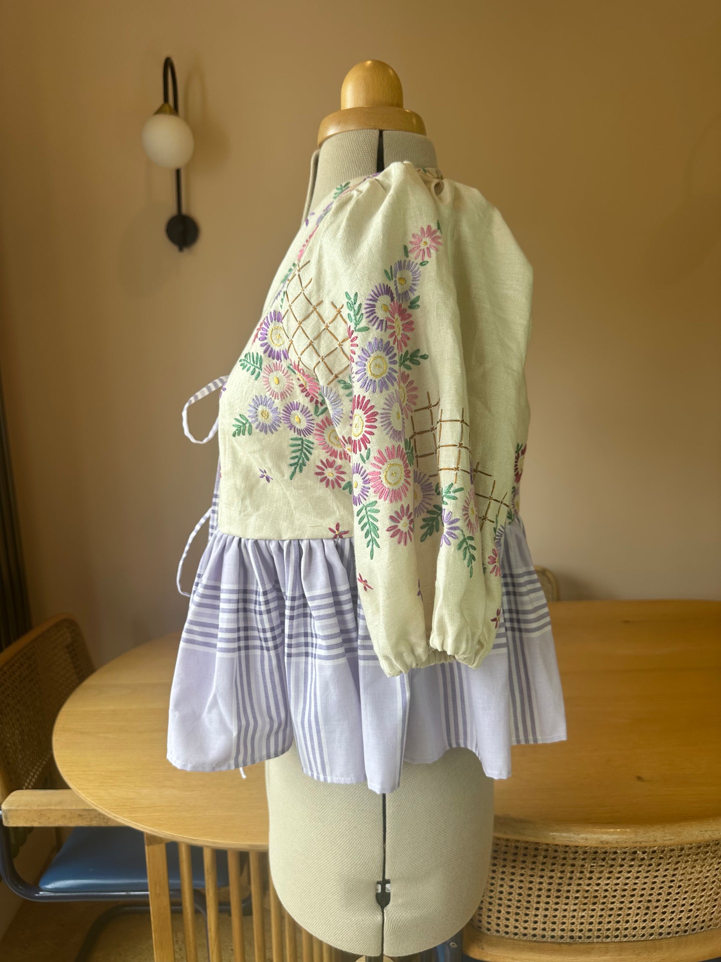 SAMPLE SALE 60% Off - Purple Floral and Check Embroidered Tie Front Top Size 3 (UK 14-16)