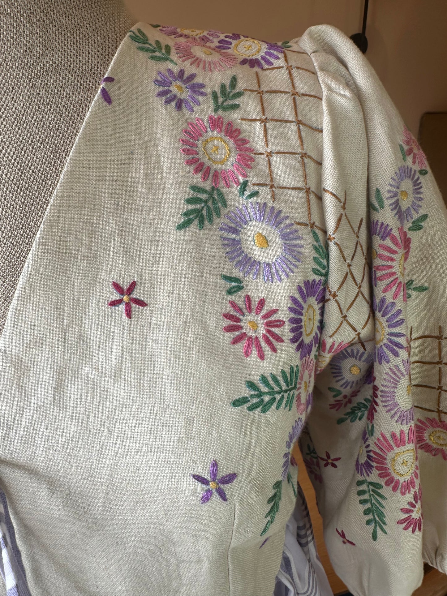 SAMPLE SALE 60% Off - Purple Floral and Check Embroidered Tie Front Top Size 3 (UK 14-16)
