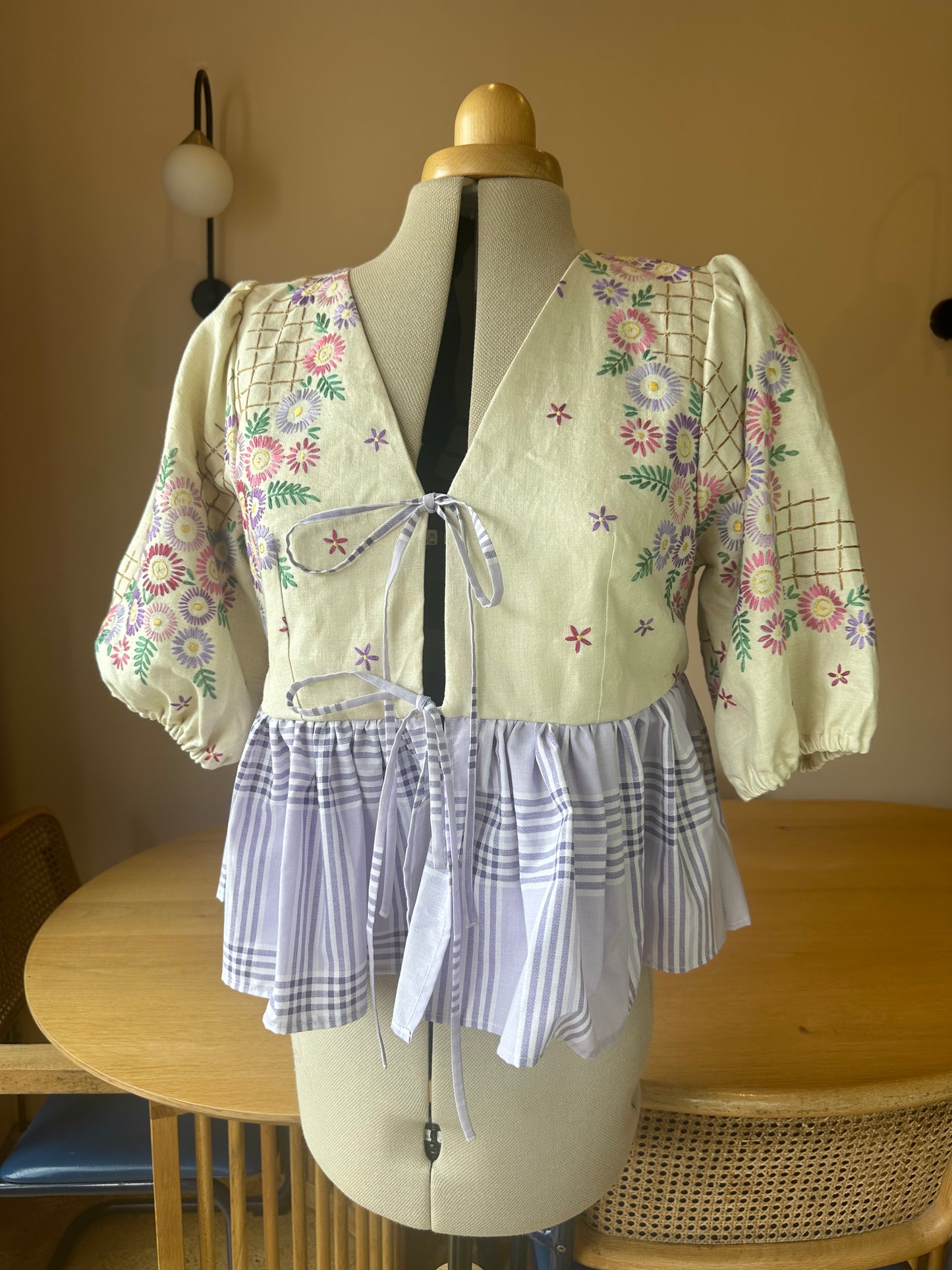 SAMPLE SALE 60% Off - Purple Floral and Check Embroidered Tie Front Top Size 3 (UK 14-16)