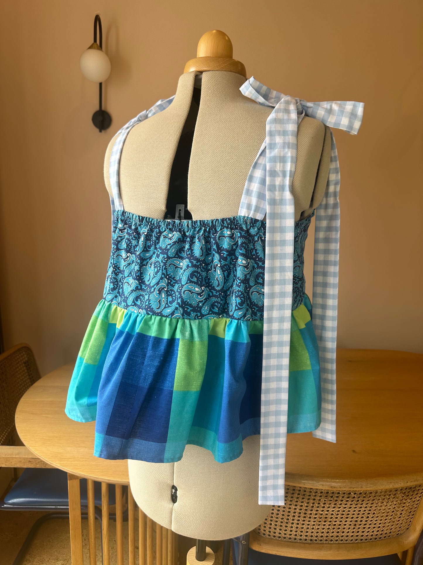 SAMPLE SALE 50% Off - Blue Floral and Check Etta Tie Strap Top Size 3 (UK 14-16)
