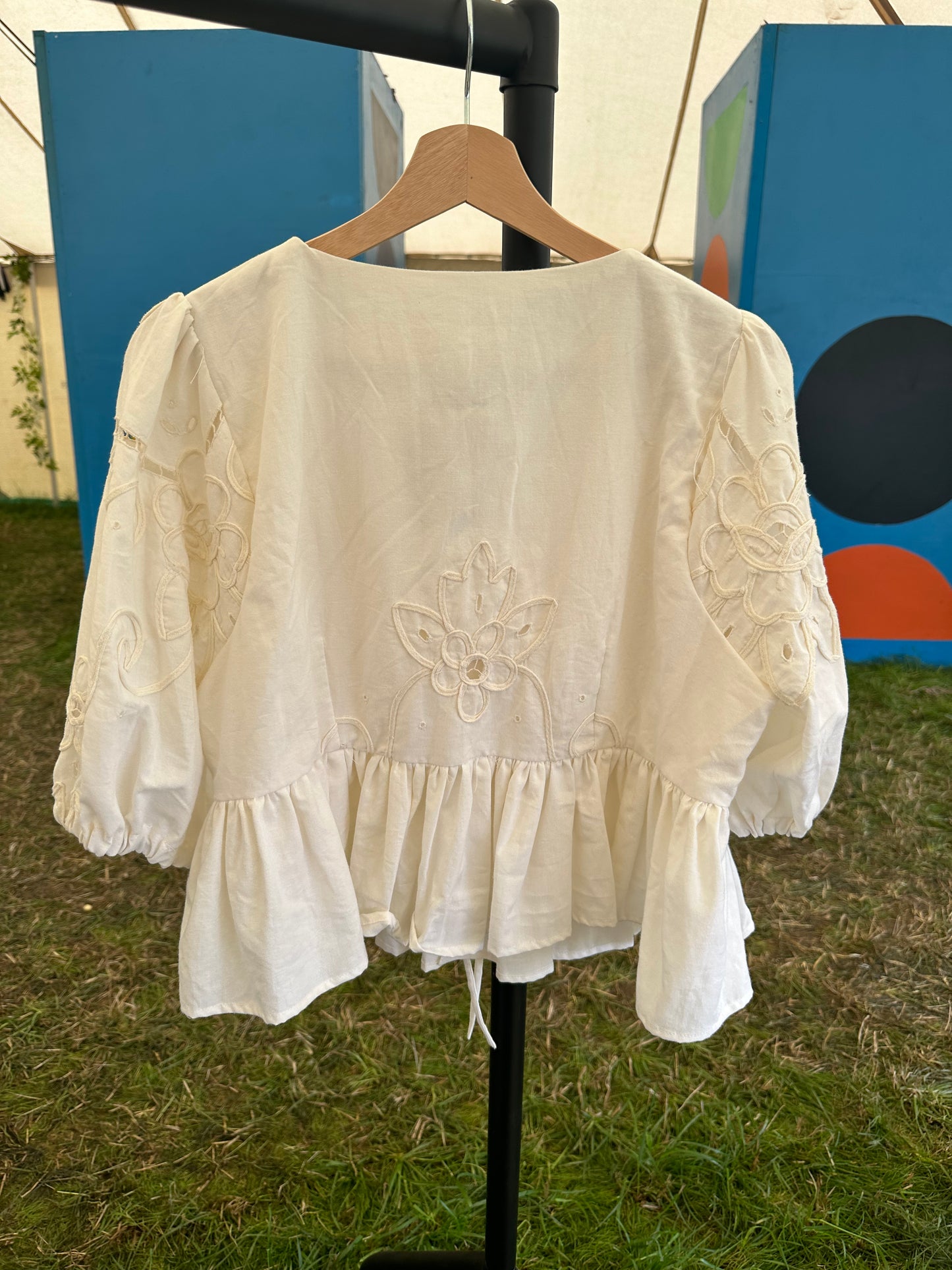 Cream Embroidered Tie Front Top Size 14-16