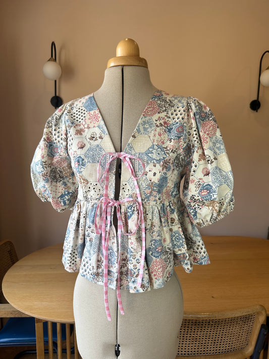 SAMPLE SALE 50% Off - Pink/Blue Patchwork Print Tie Front Top Size 1 (UK 6-8)