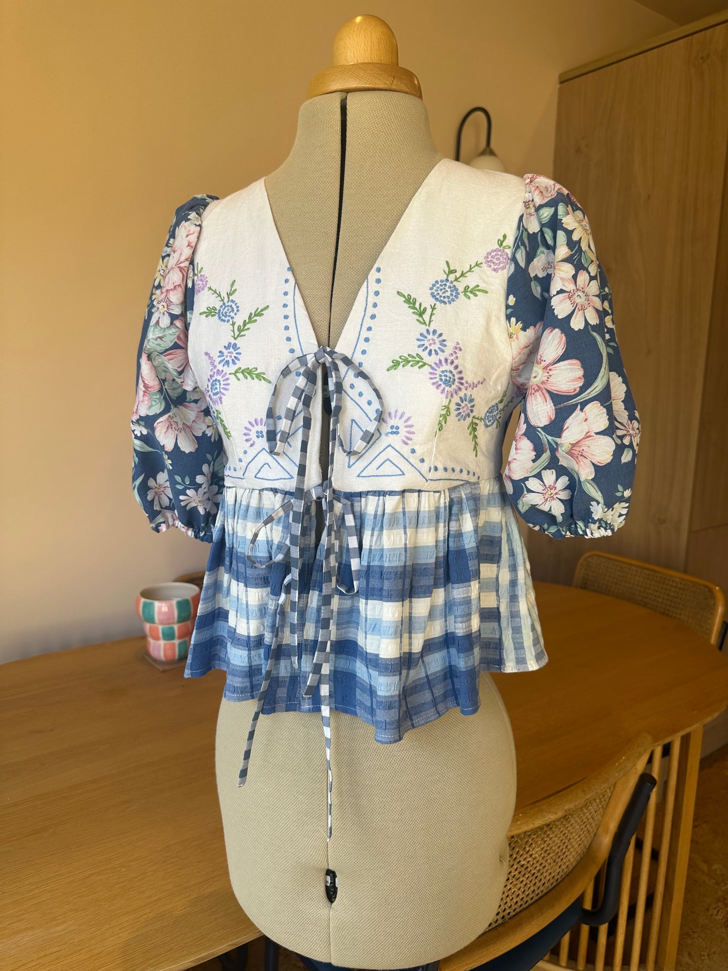 Blue Embroidered and Floral Tie Front Top Size 1 (UK 6-8)