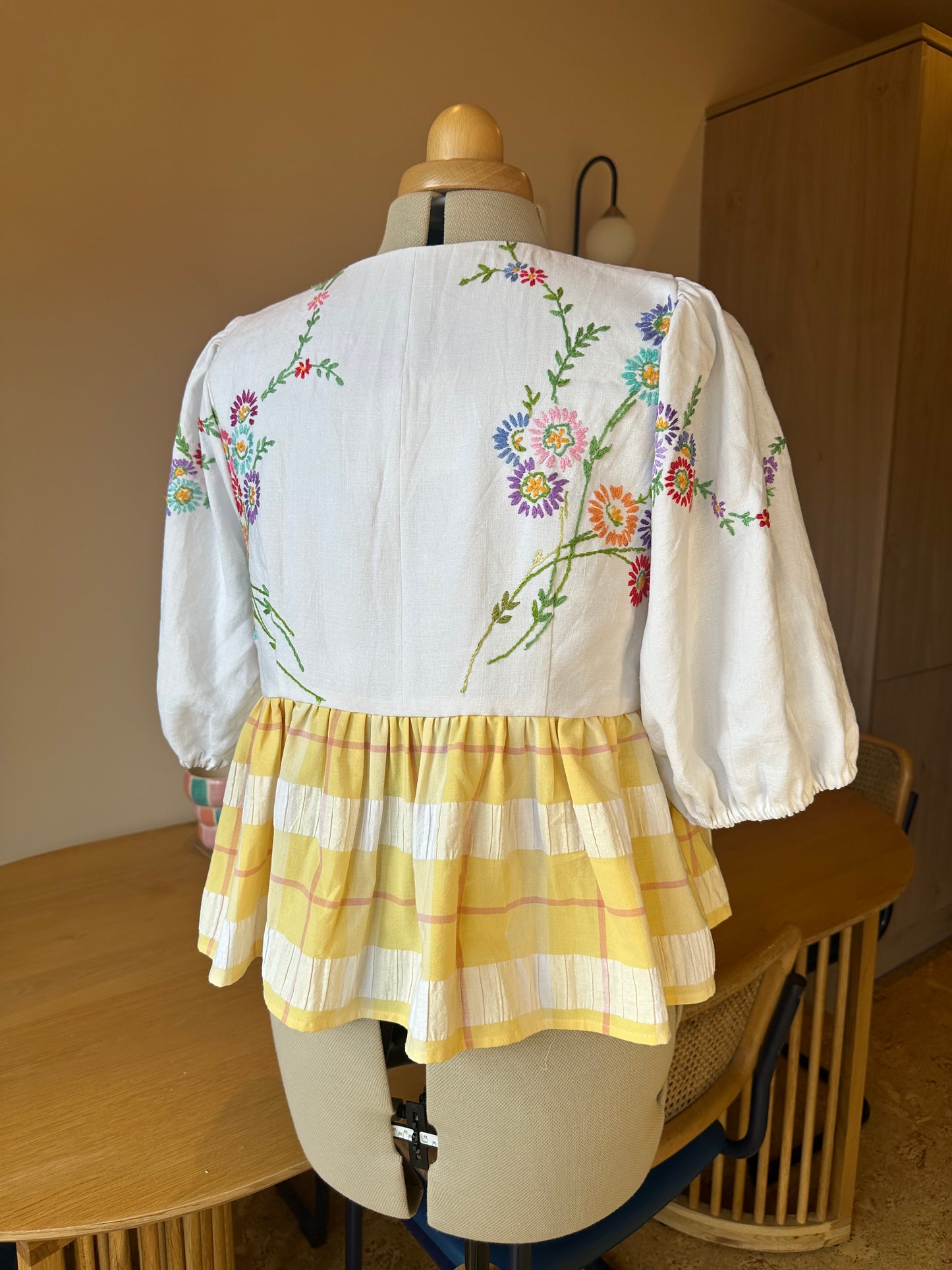 Yellow Embroidered and Check Tie Front Top Size 3 (UK 14-16)