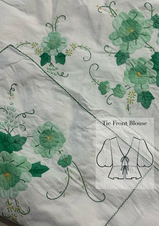 Tie Front Blouse | Vintage Green Floral Tablecloth