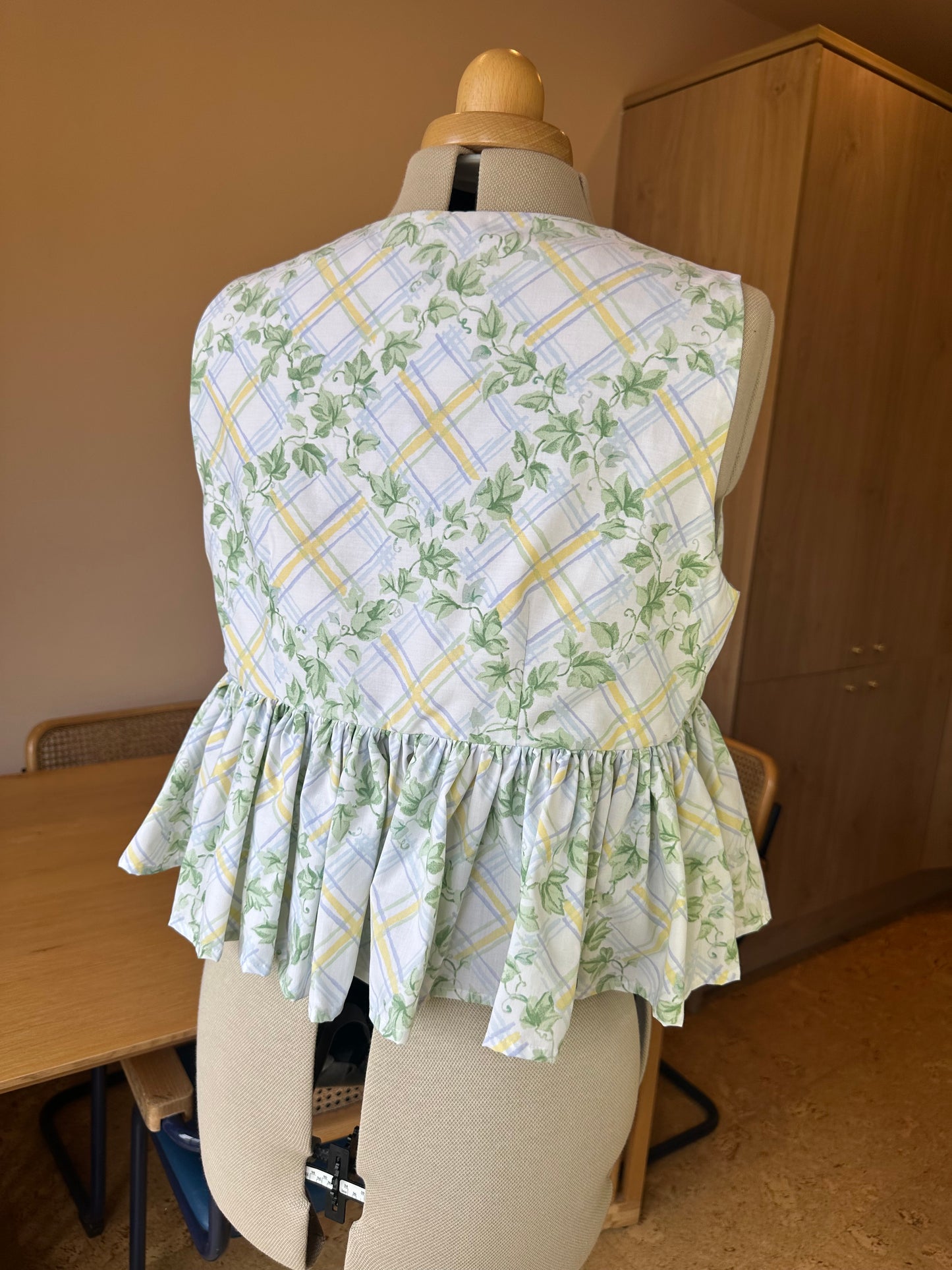 SAMPLE SALE 50% Off - Blue/Yellow Check and Floral Sleeveless Tie Front Top Size 3 (UK 14-16)