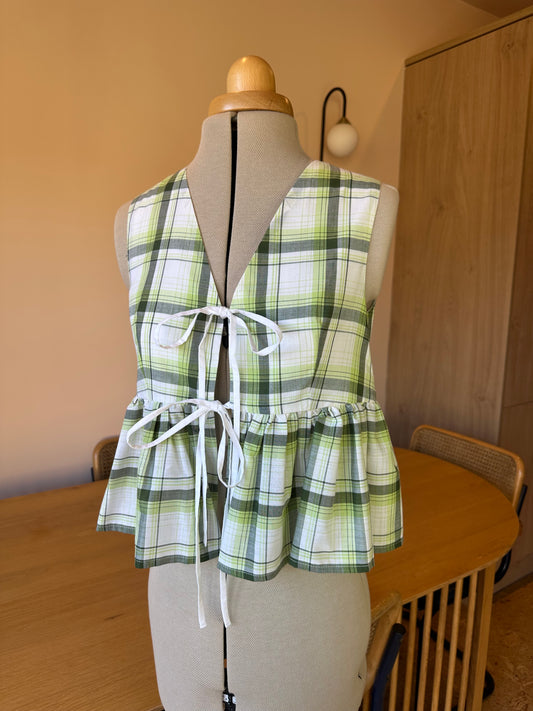 Green Check Sleeveless Tie Front Top Size 1 (UK 6-8)