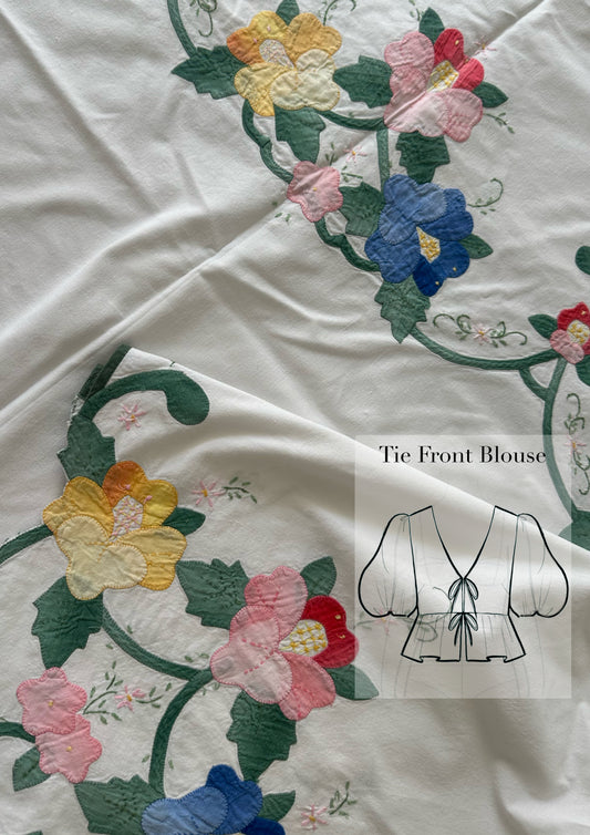 Tie Front Blouse | Vintage Multi Floral Tablecloth