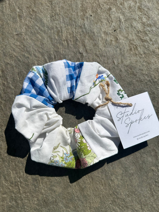 Vintage Blue/Green Floral Check Scrunchie