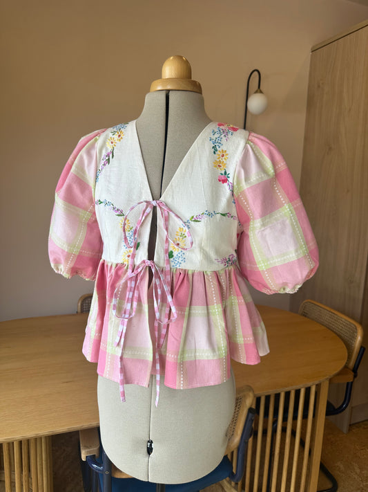 Pink Floral and Check Tie Front Top Size 1 (UK 6-8)