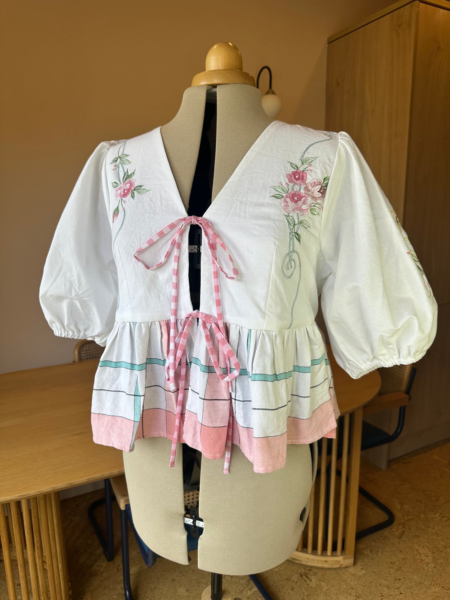 SAMPLE SALE 50% Off - Pink Floral and Check Embroidered Tie Front Top Size 3 (UK 14-16)