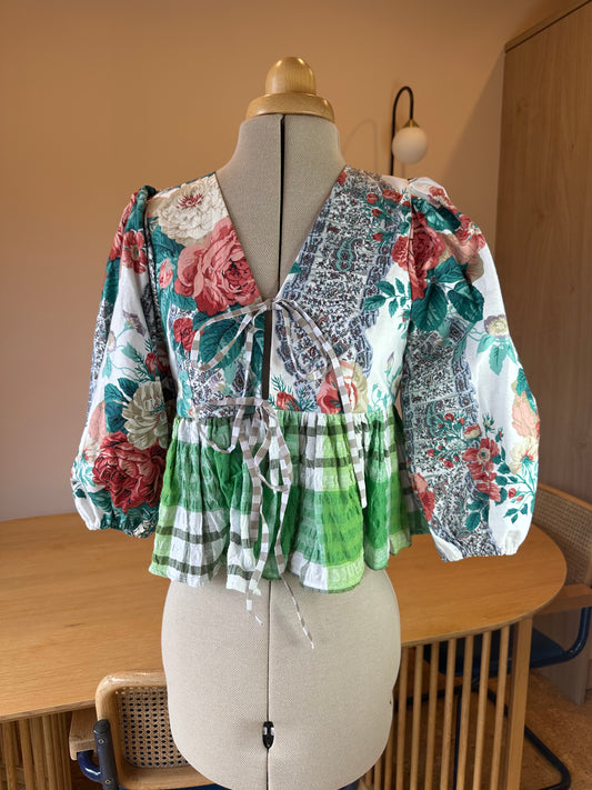 SAMPLE SALE 50% Off - Green Check Floral 3/4 Sleeve Size 1 (UK 6-8)