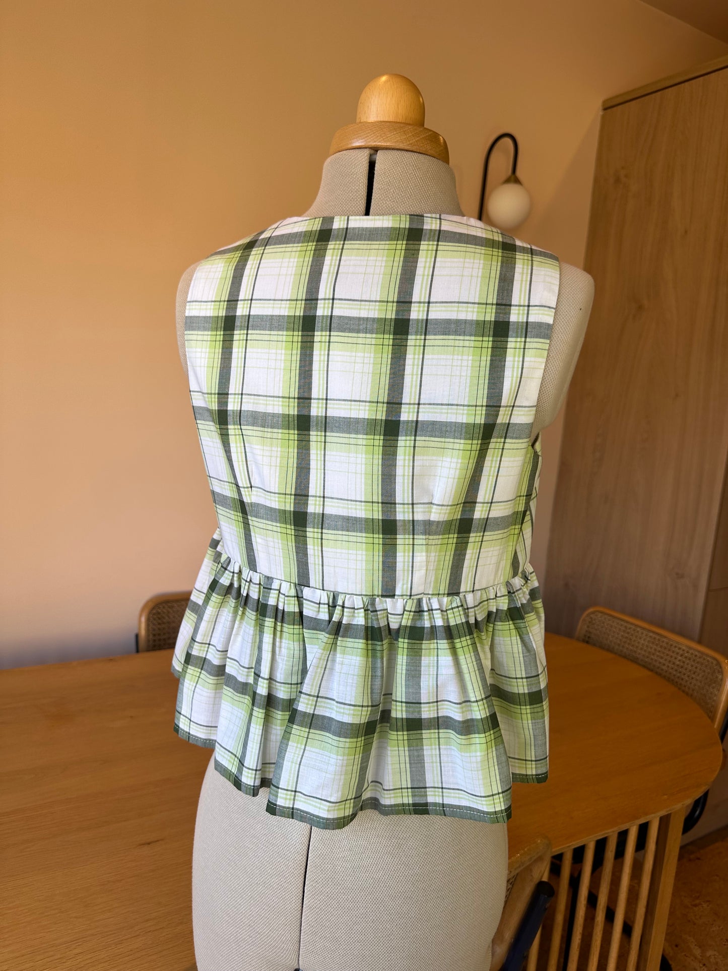 Green Check Sleeveless Tie Front Top Size 1 (UK 6-8)