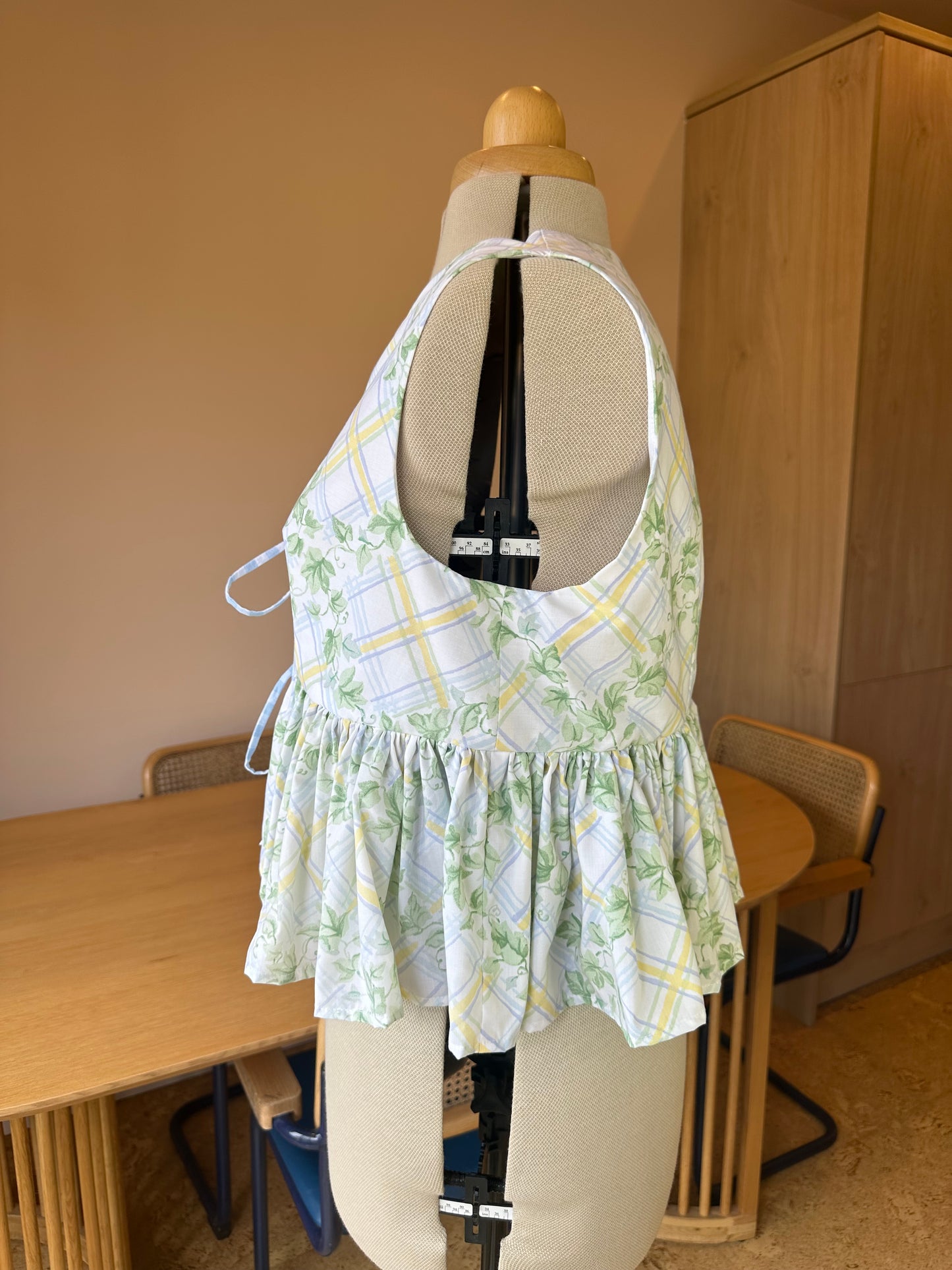 SAMPLE SALE 50% Off - Blue/Yellow Check and Floral Sleeveless Tie Front Top Size 3 (UK 14-16)