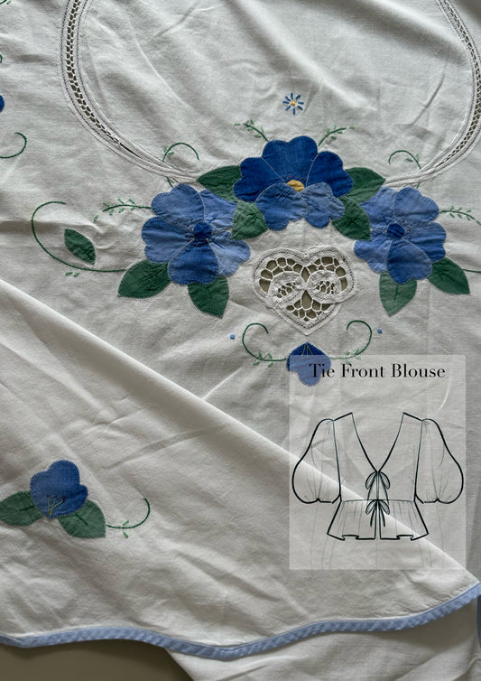 Tie Front Blouse | Vintage Blue Floral Tablecloth 2