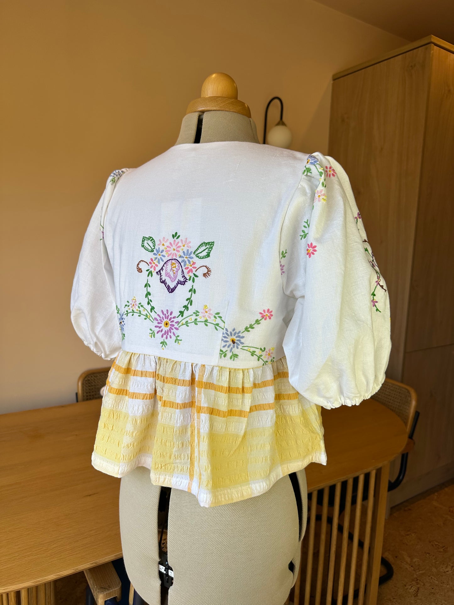 Yellow Embroidery and Check Tie Front Top Size 2 (UK 10-12)