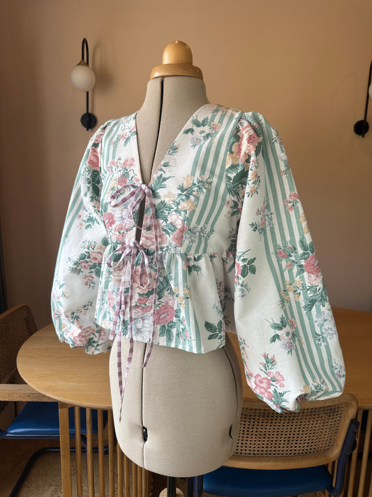 SAMPLE SALE 50% Off - Pink/Blue Patchwork Print Tie Front Top Size 1 (UK 6-8)