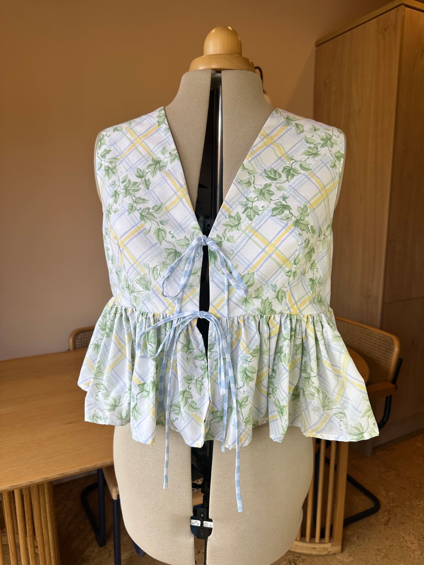 SAMPLE SALE 50% Off - Blue/Yellow Check and Floral Sleeveless Tie Front Top Size 3 (UK 14-16)