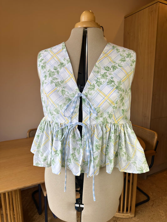Blue/Yellow Check and Floral Sleeveless Tie Front Top Size 3 (UK 14-16)