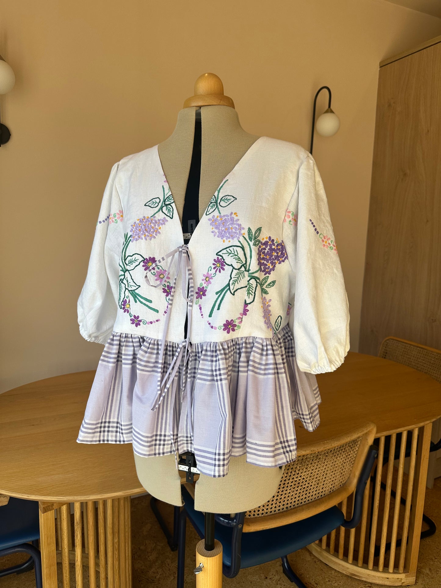 Purple Embroidered and Check Tie Front Top Size 4 (UK 18-20)