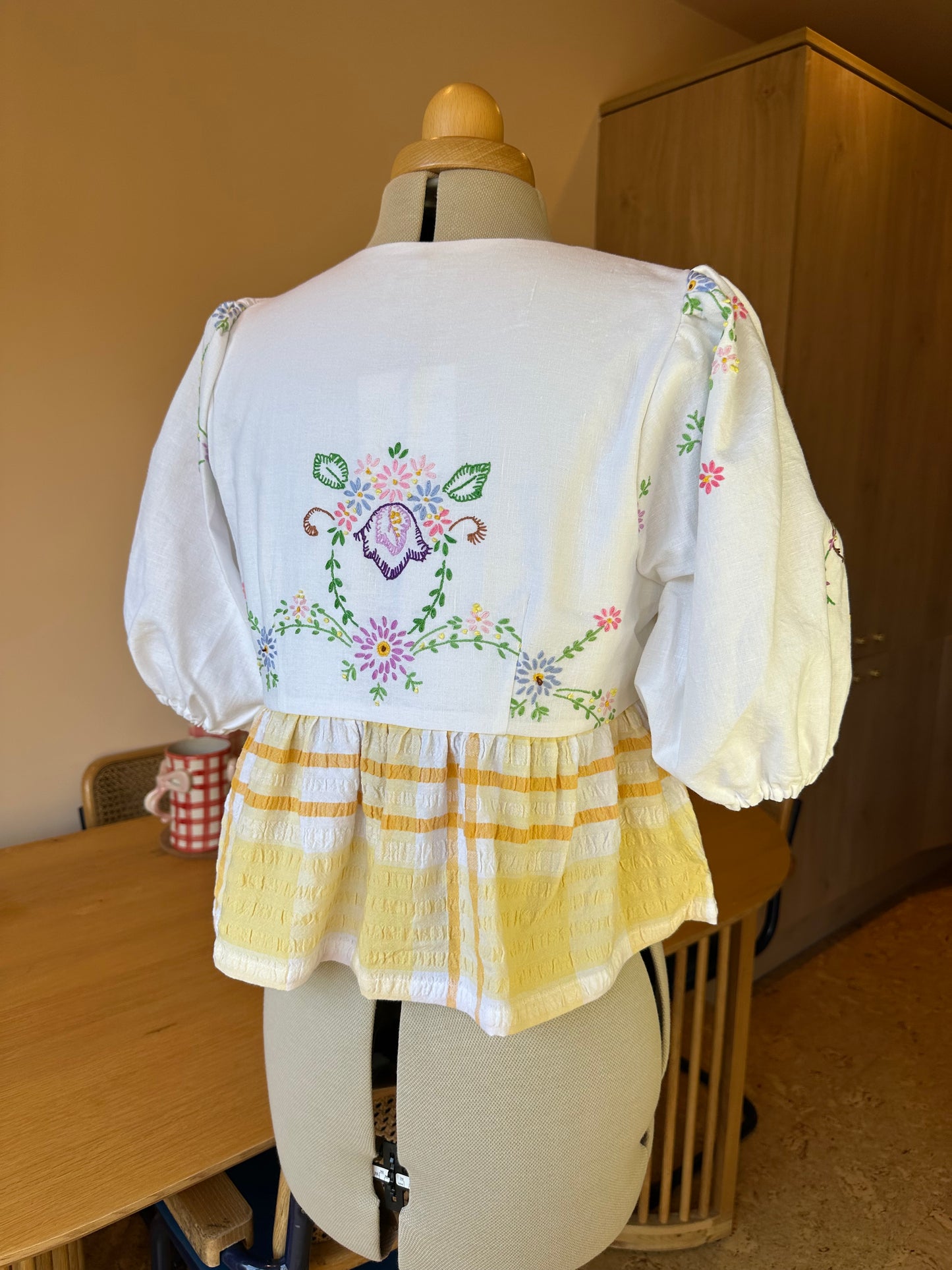 Yellow Embroidery and Check Tie Front Top Size 2 (UK 10-12)