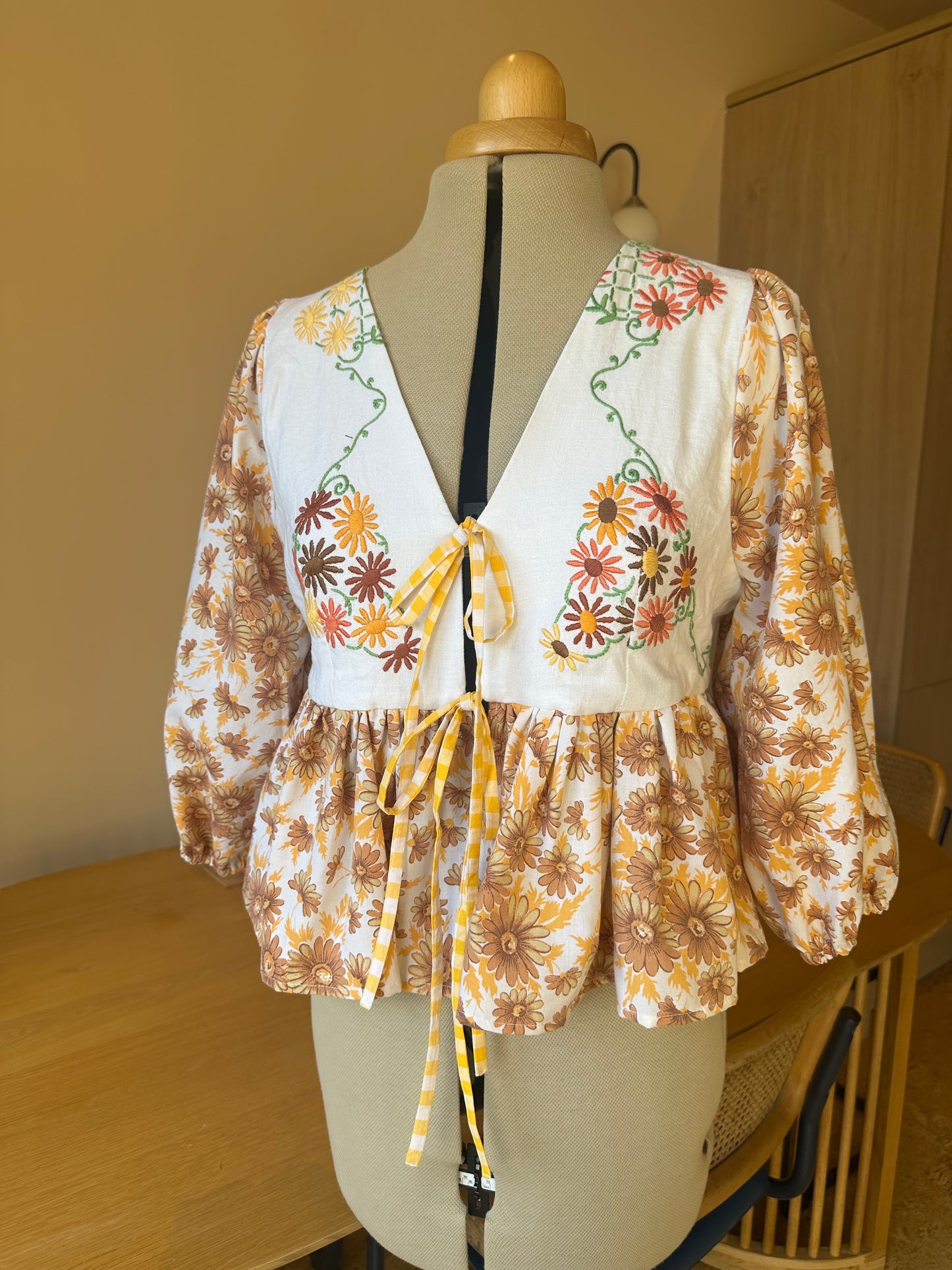 Orange Embroidered and Floral Tie Front Top 3/4 Sleeve Size 2 (UK 10-12)