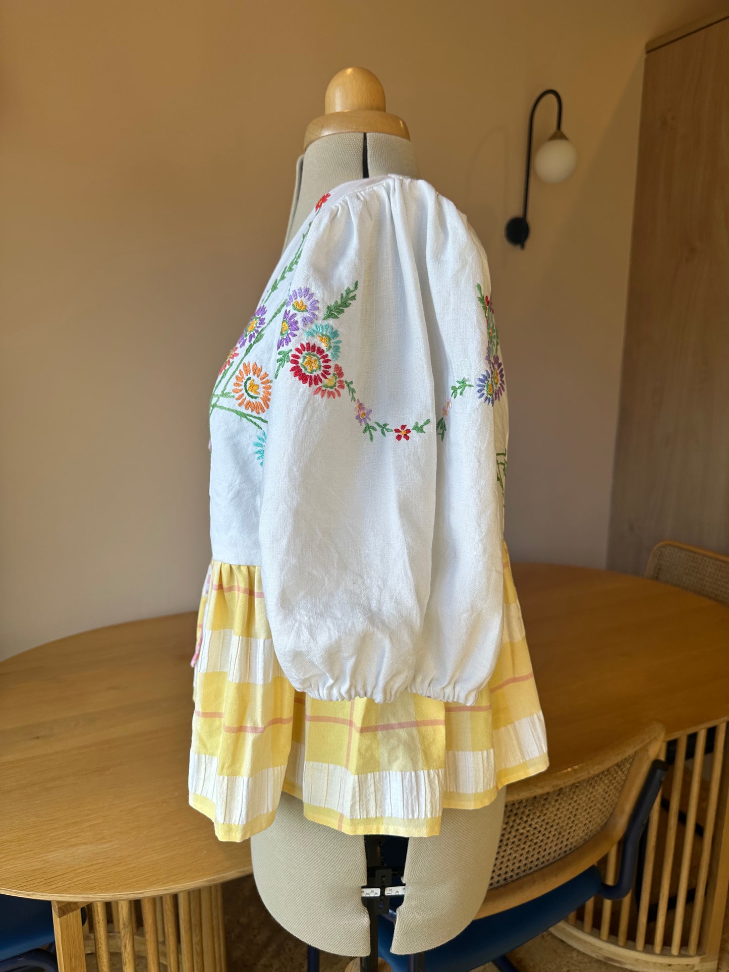 Yellow Embroidered and Check Tie Front Top Size 3 (UK 14-16)