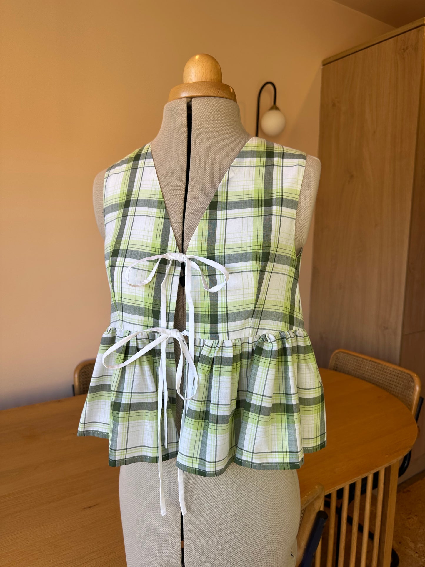 Green Check Sleeveless Tie Front Top Size 1 (UK 6-8)