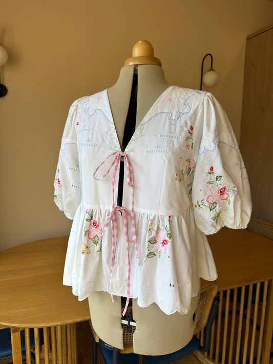 Pink Floral Embroidered Tie Front Top Size 3 (UK 14-16)