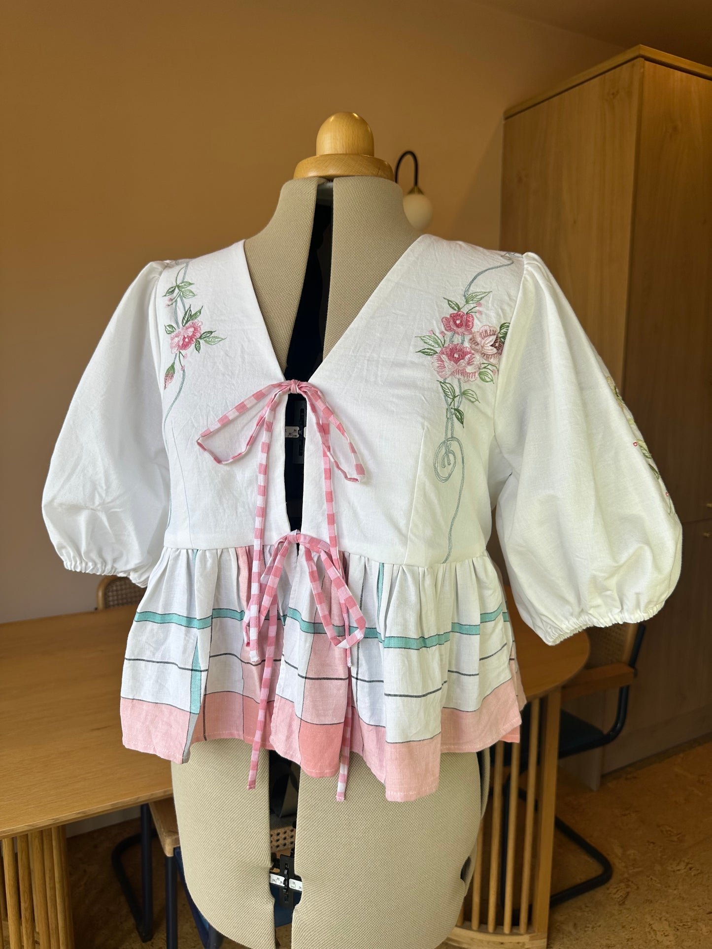 SAMPLE SALE 50% Off - Pink Floral and Check Embroidered Tie Front Top Size 3 (UK 14-16)