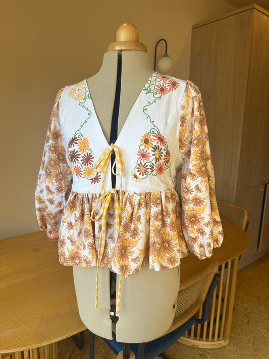 Orange Embroidered and Floral Tie Front Top 3/4 Sleeve Size 2 (UK 10-12)