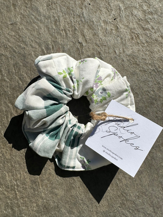 Vintage Green Floral and Check Scrunchie