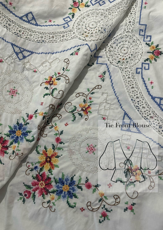 Tie Front Blouse | Vintage Cross Stitch Tablecloth