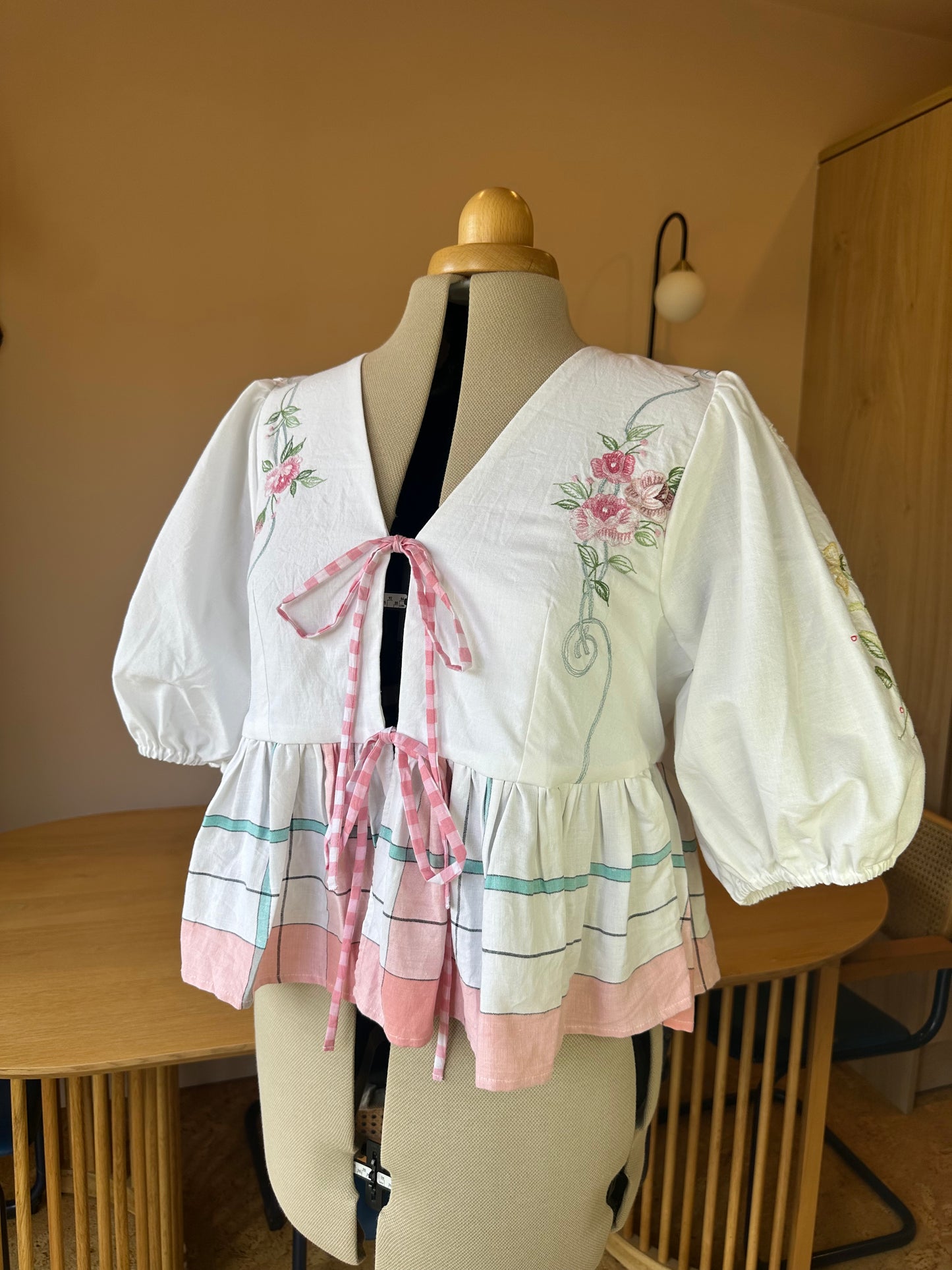 SAMPLE SALE 50% Off - Pink Floral and Check Embroidered Tie Front Top Size 3 (UK 14-16)