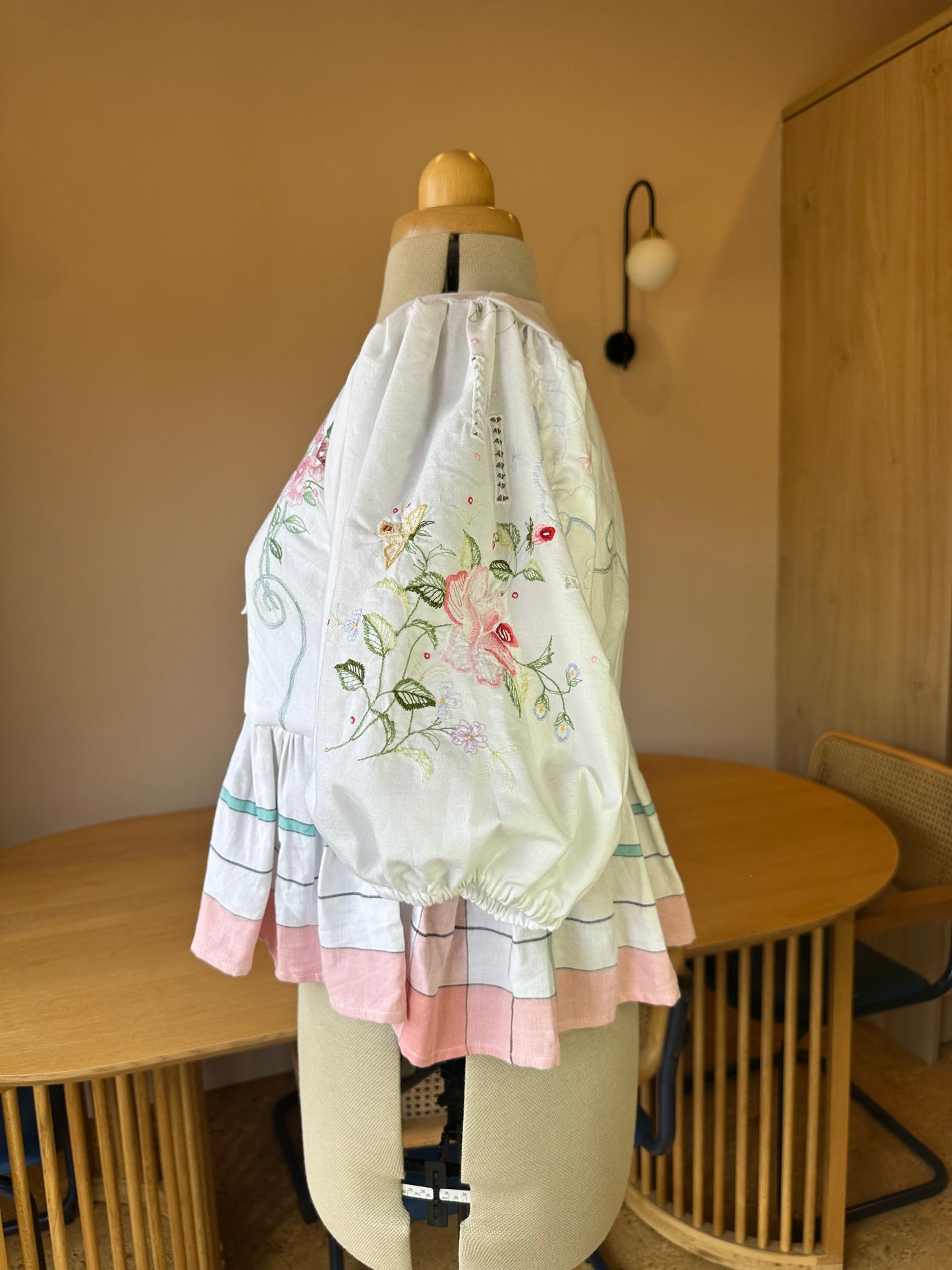 SAMPLE SALE 50% Off - Pink Floral and Check Embroidered Tie Front Top Size 3 (UK 14-16)