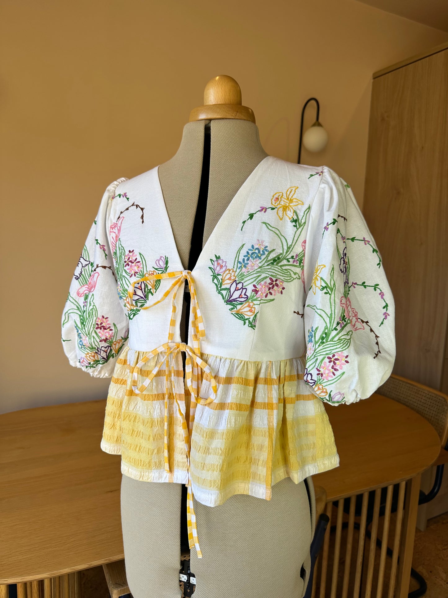 Yellow Embroidery and Check Tie Front Top Size 2 (UK 10-12)