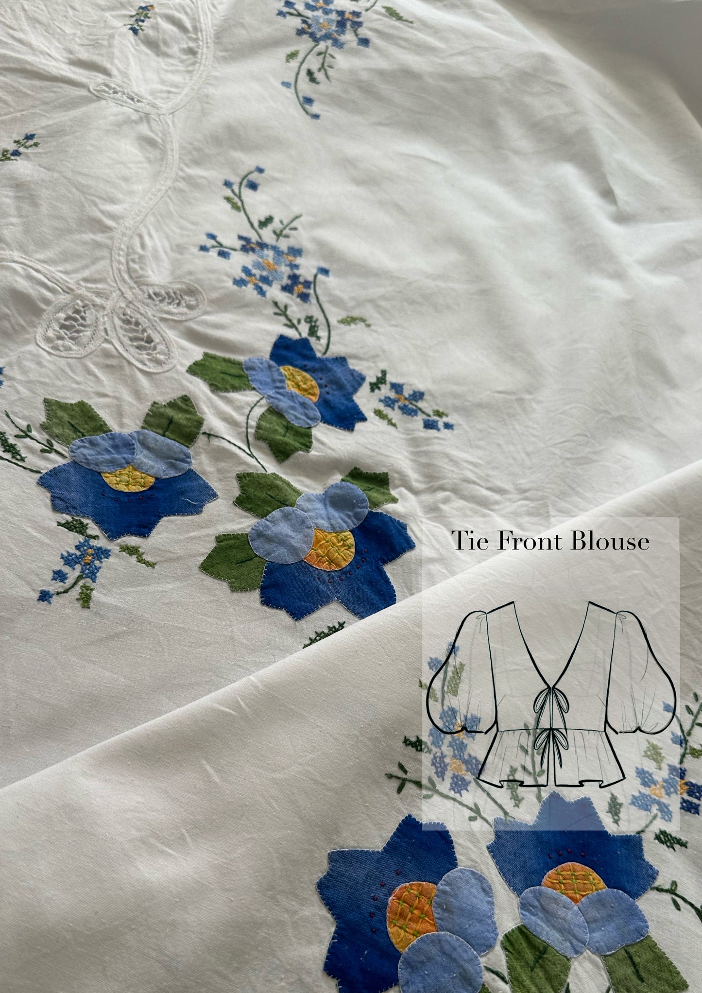 Tie Front Blouse | Vintage Blue Floral Tablecloth
