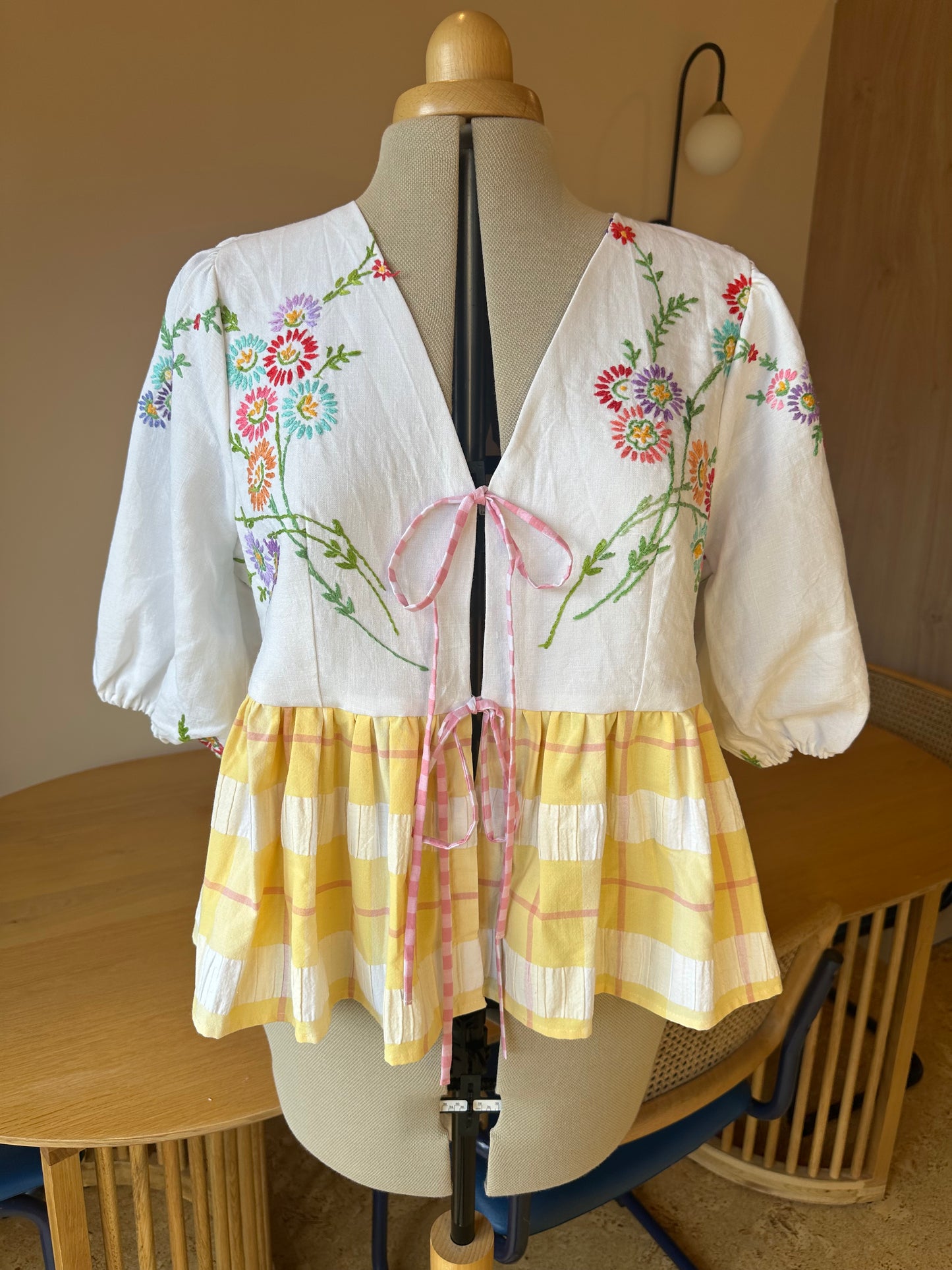 Yellow Embroidered and Check Tie Front Top Size 3 (UK 14-16)