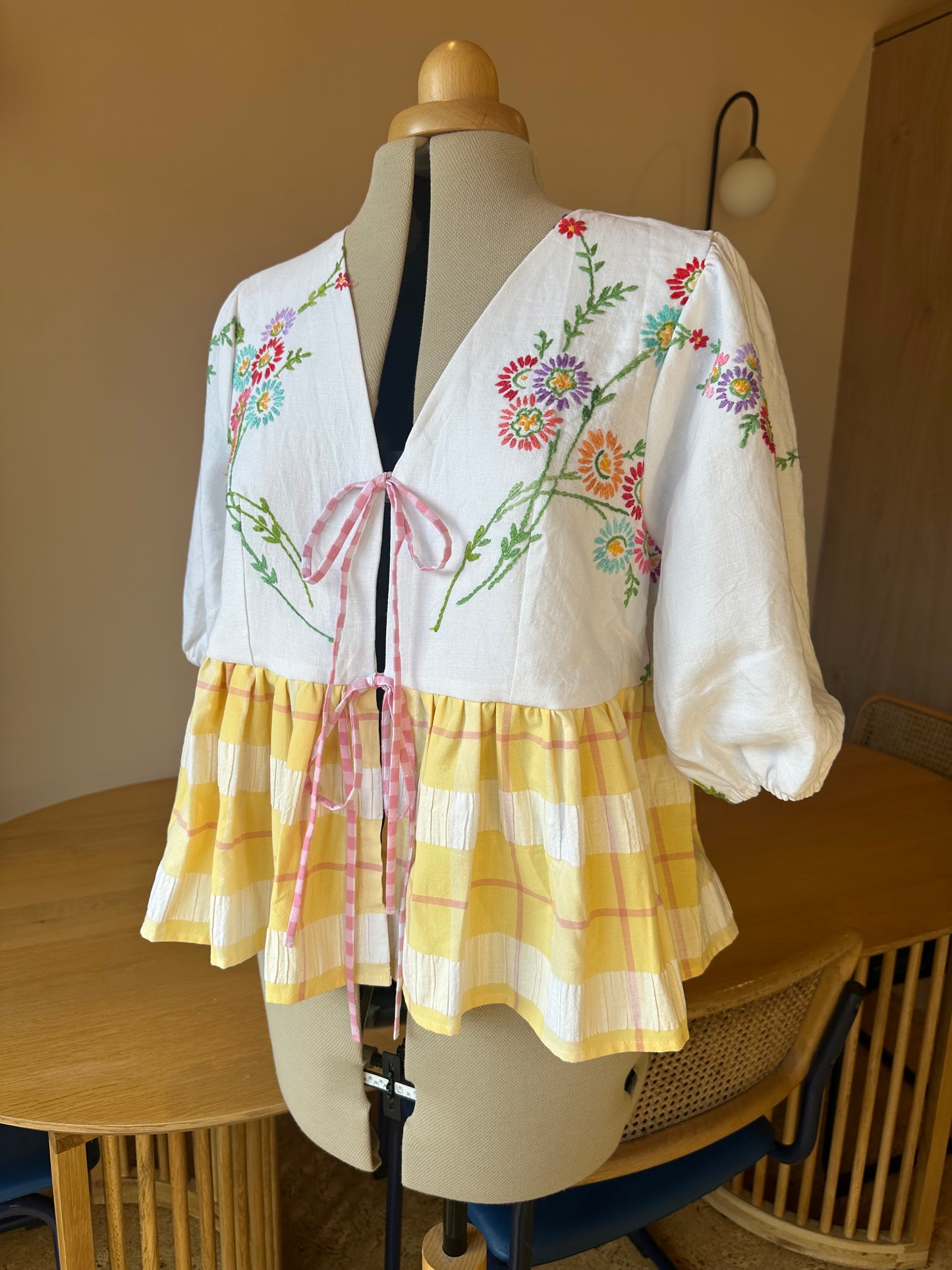 Yellow Embroidered and Check Tie Front Top Size 3 (UK 14-16)