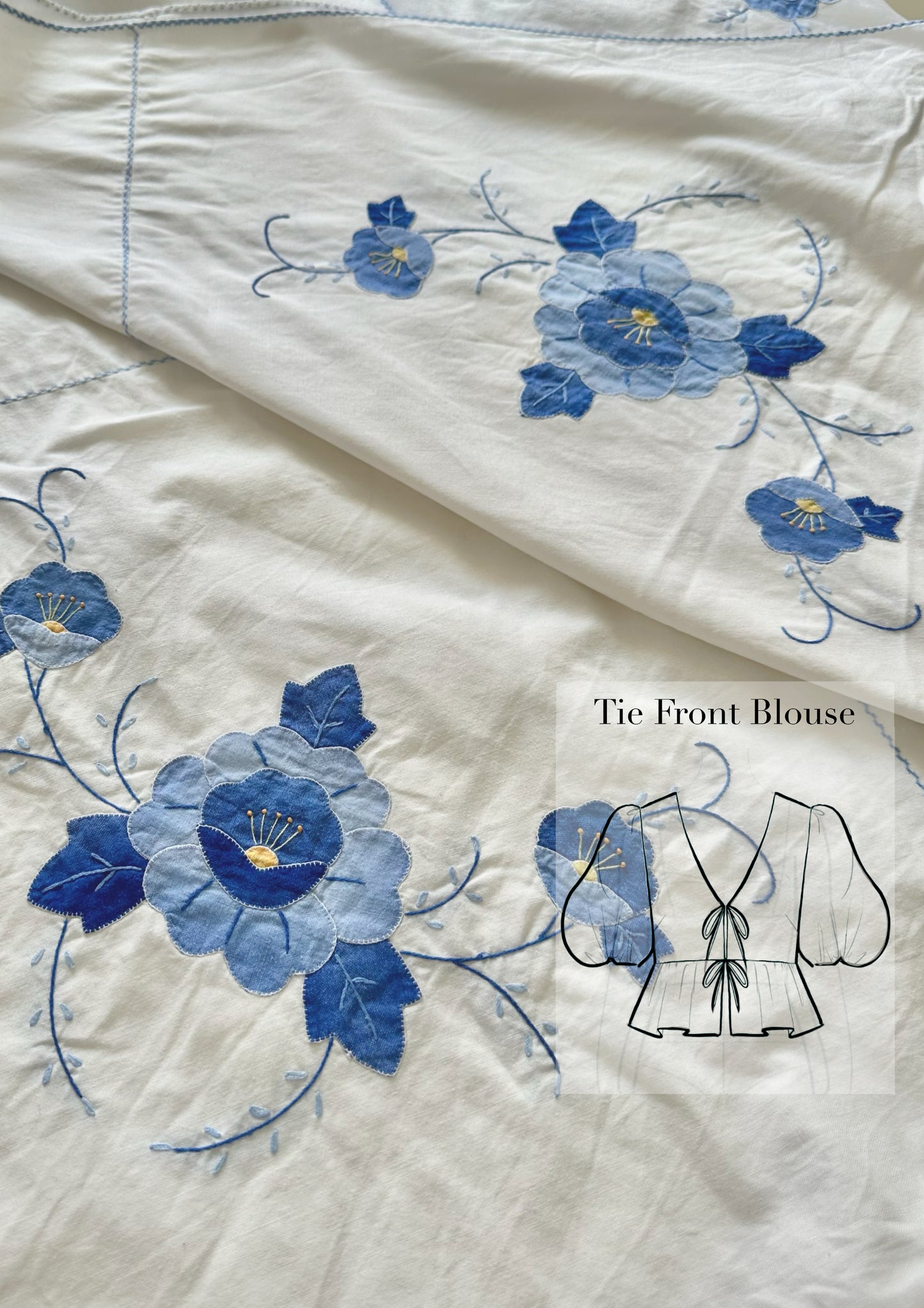 Tie Front Blouse | Vintage Blue Floral Tablecloth