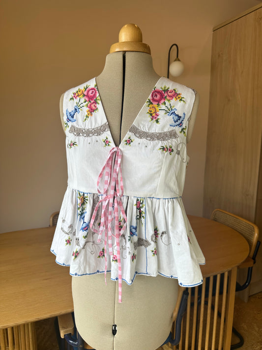 Cream Embroidered Sleeveless Tie Front Top Size 1 (UK 6-8)