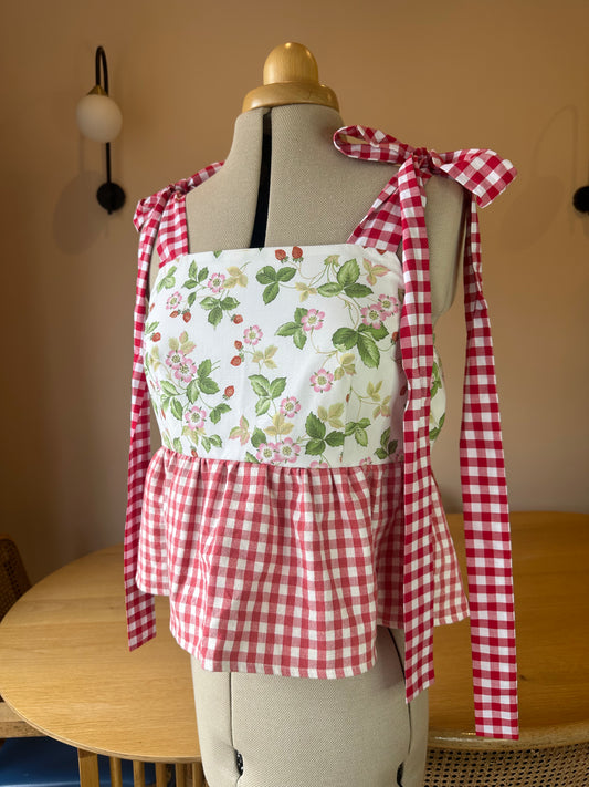SAMPLE SALE 50% Off - Strawberry Check Etta Tie Strap Top Size 2 (UK 10-12)