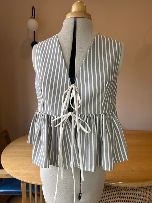 SAMPLE SALE 50% Off - Neutral Stripe Sleeveless Tie Front Top Size 2 (UK 10-12)