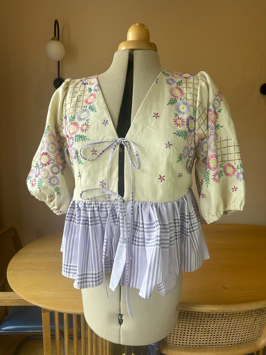 SAMPLE SALE 60% Off - Purple Floral and Check Embroidered Tie Front Top Size 3 (UK 14-16)