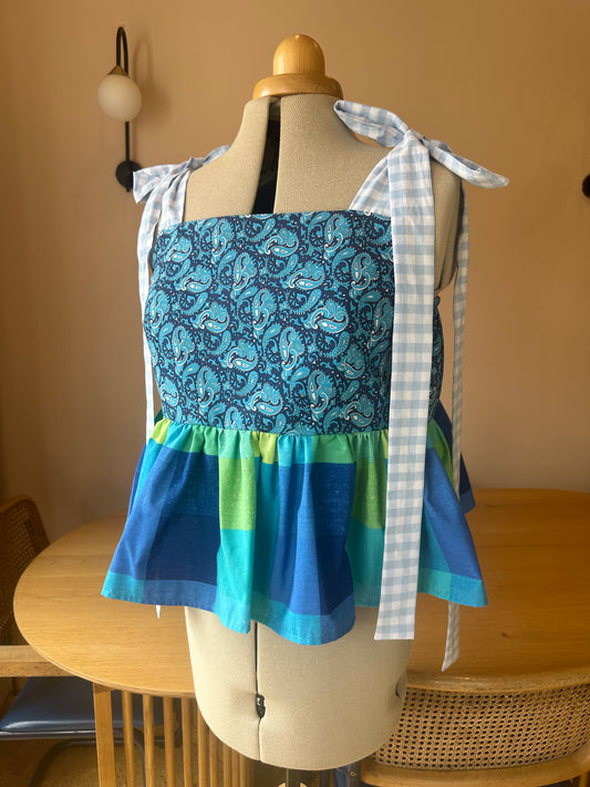 SAMPLE SALE 50% Off - Blue Floral and Check Etta Tie Strap Top Size 3 (UK 14-16)